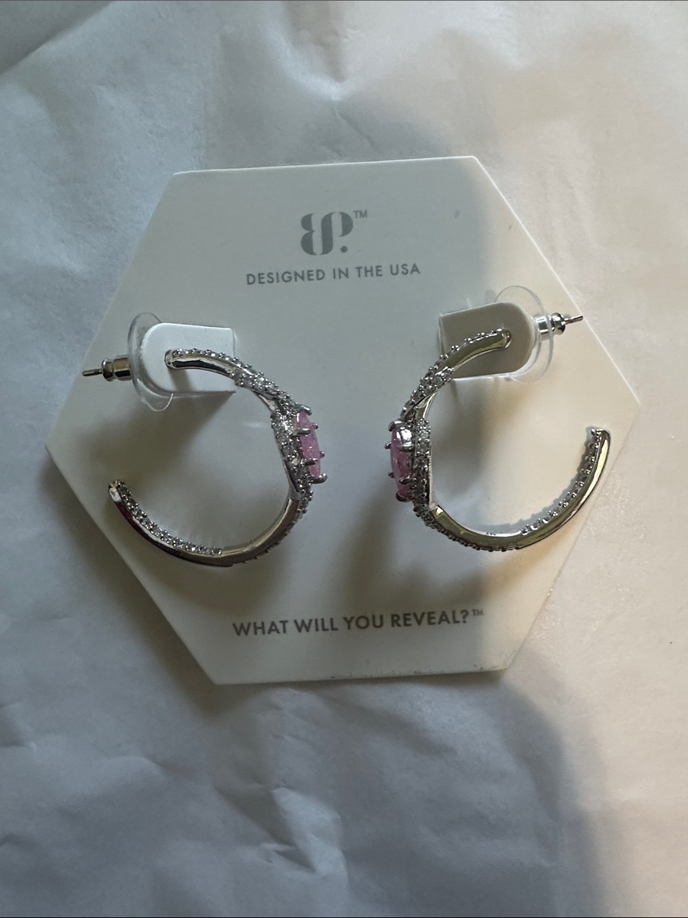 bp Silver Hoop Earrings with Pink and Clear Stones